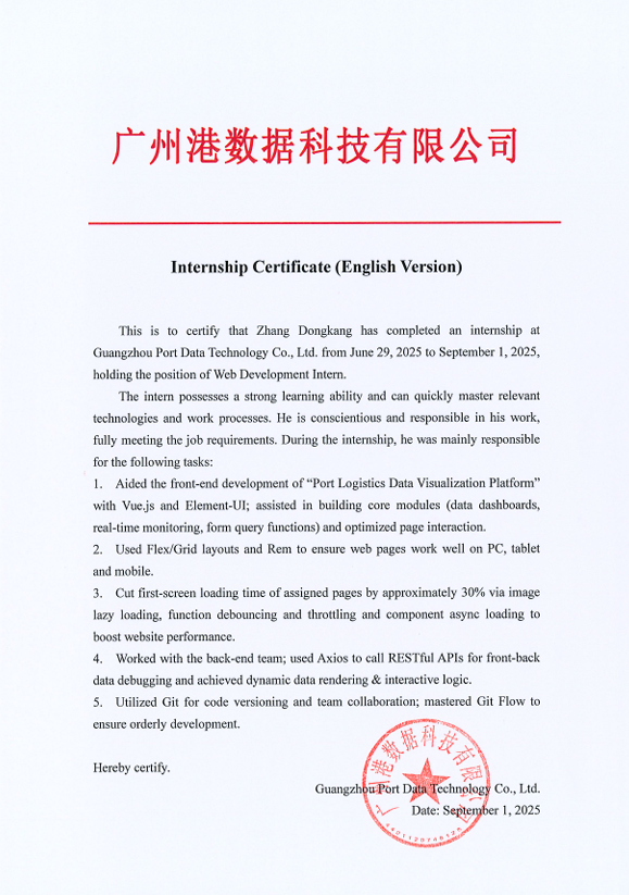 Guangzhou Port Internship Certificate